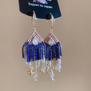 Beaded Fringe Dangle Earrings - Navy Blue & Rose Gold